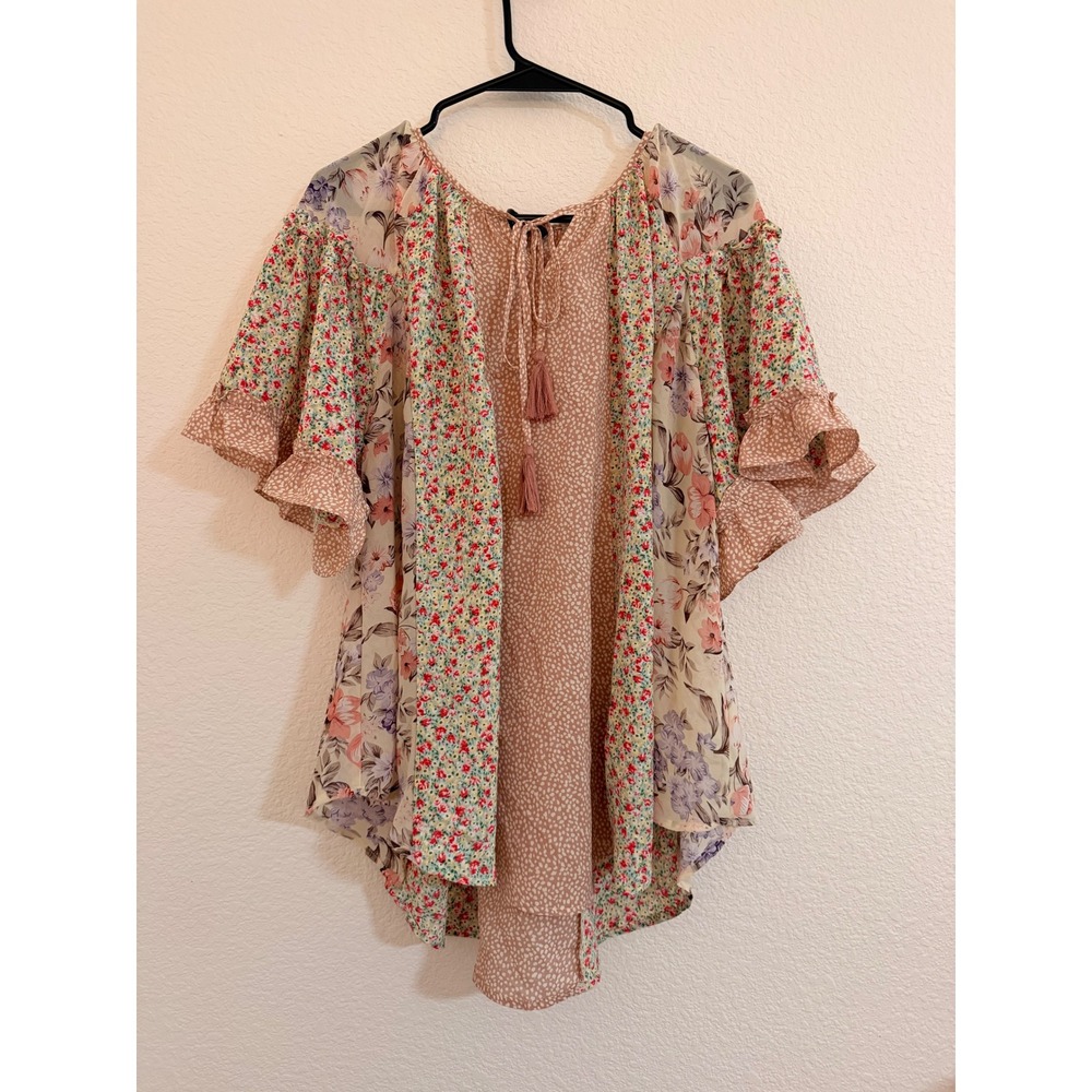 Mixed Floral Patchwork Tunic Top Pink Multi Tassel Tie L Coquette Soft Girl Boho